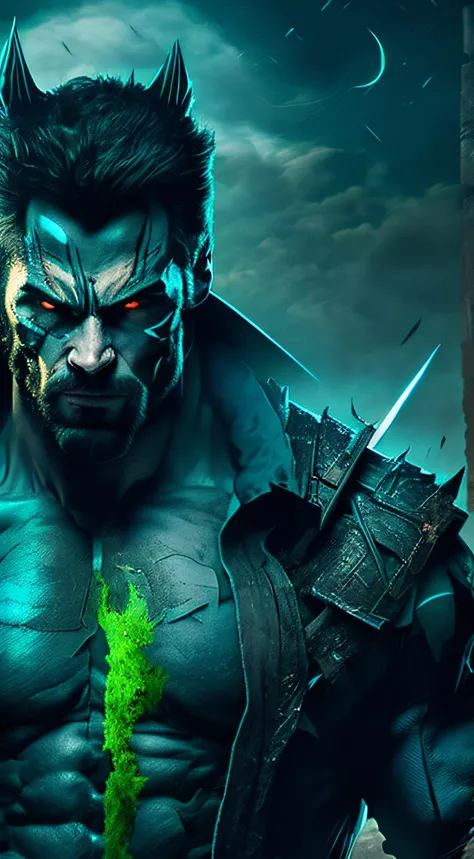 Wolverine, black hair, Man with green thunder eyes, backround is a ruined city, The Sky is dark, the moon in the backround is sky-blue, angry look, horror szene, 4K, Sword in hes hand.