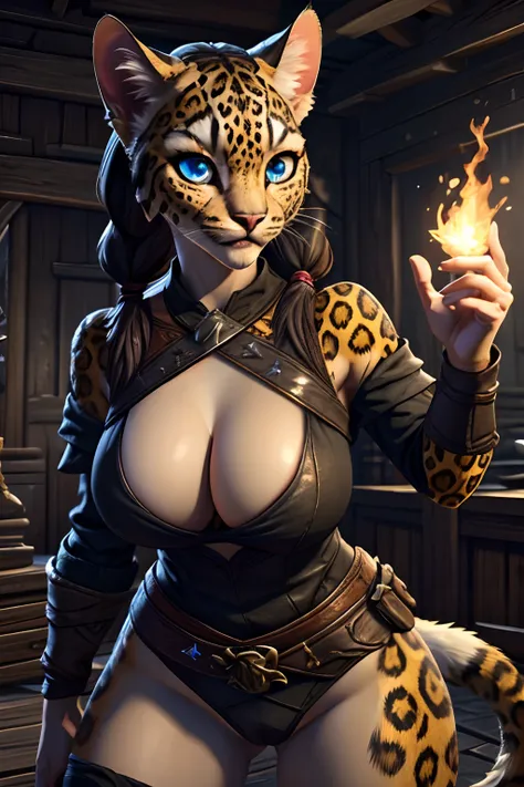 khajiit girl, anthropomorphic cat girl, tes 5 skyrim, long black hair with pigtails, gold rings in the ears, fluffy cat's tail, ...