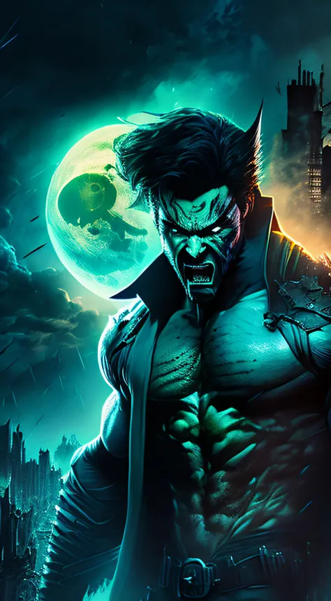 Wolverine, black hair, Man with green thunder eyes, backround is a ruined city, The Sky is dark, the moon in the backround is sky-blue, angry look, horror szene, 4K, Sword in hes hand, whole body, screaming.