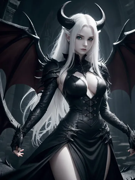 1 young women, long messy hair, her hair are white, serious, grey eyes, had big demon horns on her head, had big black dragon wings, high res, high quality, 8k, wearing a black dress, she has a pale skin, action pose, dark fantasty, gothic castle backgroun...