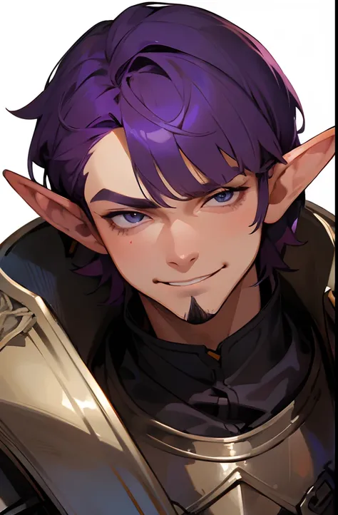 Elf middle-aged man，uncle，Oblique bangs cover the eyes，short detailed hair，Oil head，stubbles，deep purple hair，Flirtatious laugh，Raise an eyebrow，dressed in armor，The upper part of the body