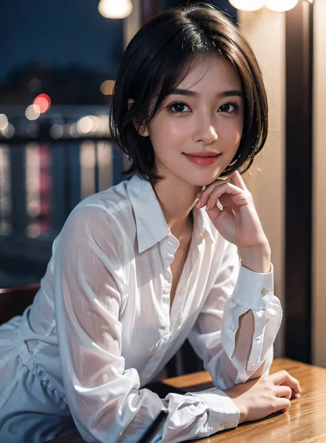 (8K, Best quality, Masterpiece:1.2), (Realistic, photo-realistic:1.37), Ultra-detailed, 1 girl,Cute, Solo,Beautiful detailed sky,Detailed Cafe,Night,Sitting,dated,(nose blush),(Smile:1.15),(Closed mouth) Small breasts,Beautiful detailed eyes,(Collared shir...