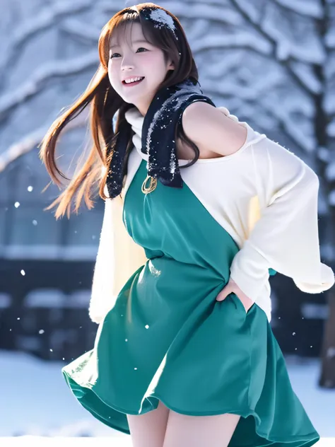 masutepiece, Best Quality, Realistic, (1 girl: 1.3), Blue gold white clothes, Shawl Long Hair, jump, jump, dance, Green Gold White Clothes, Long skirt, Long Scarf, flowing,  Snow White skin, Bare shoulders, Full body, (From below:1.5),  Dynamics, loimu, Pa...