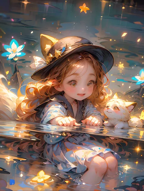 ((absurdres, higher, ultra HD) a chibi girl in a hat and a cute fox is sitting beside the lake water, 1girl,chibi, cute ,detailed ,digital art, cute art style,   detailed artwork,  digital painting, kawacy,  illustration, artwork in the style of guweiz, ((...