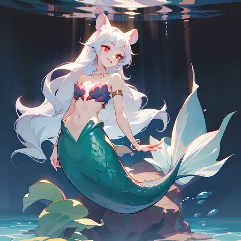 Pretty anthropomorphic mouse girl turned into a mermaid, long fangs, is smiling, drawn in anime style, fishlike, very long curly white hair, red eyes, white fur, slim body, whiskers, mouse ears, long mermaid tail below waistline, pelvic and dorsal fins, a ...