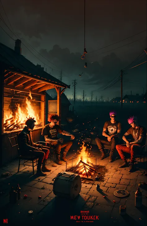 Song cover, punk rock, from the MANDA Group. The cover depicts punks , who hang out on the outskirts of the city, Tourniquet of the bones, Breaking bottles, There are several armchairs and chairs by the fire. Image in gloomy tones with MANDA lettering in r...