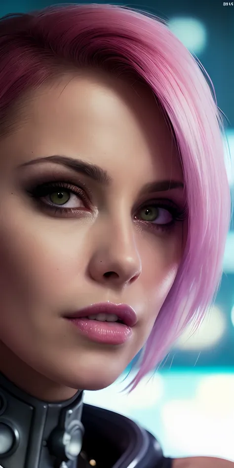 closeup portrait of beautiful (80s cyberpunk:1.3) woman (ErinNobodySD15) lips pressed (serious:1.2) look (bright side light rim light:1.2) deep dark shadows dramatic camera angle high contrast color grading (masterpiece:1.2) (photorealistic:1.2) (bokeh:1.2...