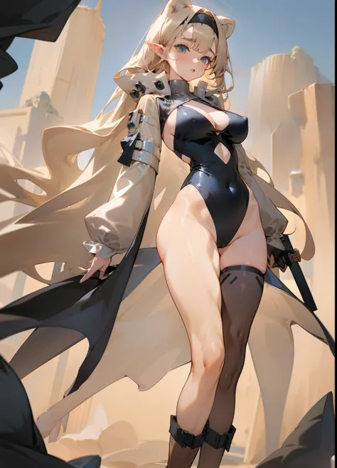 Deep V one-piece swimsuit，pointy ears，Long beige hair，Transparent coat，one-girl，Bigboobs，Siamese black silk，Over-the-knee boots，sword