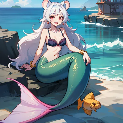 Pretty anthropomorphic mouse girl magically transformed into a mermaid, fantasy, race swap, long fangs, is smiling, drawn in anime style, fishlike, very long curly white hair, red eyes, white fur, slim body, whiskers, mouse ears, long mermaid tail below wa...