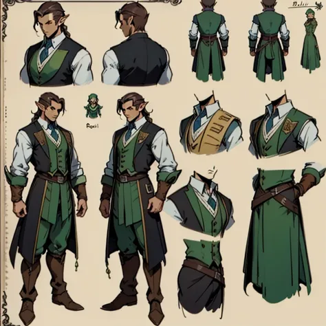 ((character concept art)), ((Character design sheet, same character, front, side)) Video game character design, Rolois, half-elf, arrogant, dark hair, waistcoat, long sleeves,