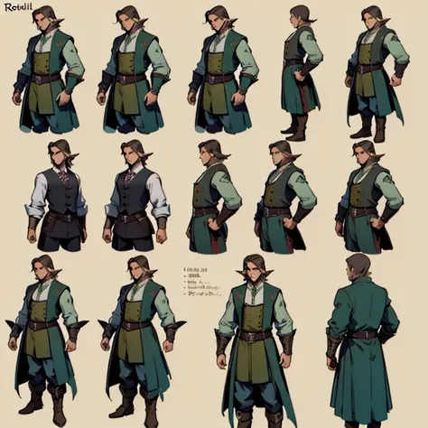 ((character concept art)), ((Character design sheet, same character, front, side)) Video game character design, Rolois, half-elf, arrogant, dark hair, waistcoat, long sleeves,