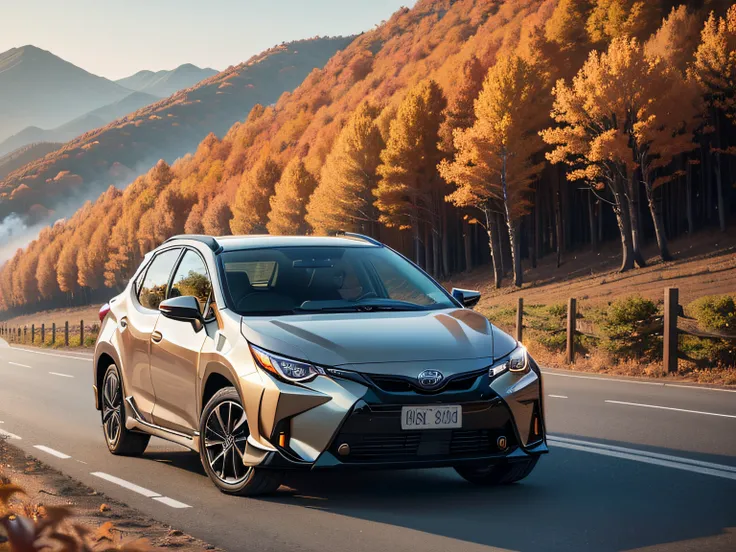 超A high resolution、An ultra-high picture quality、8K、Detailed details、marvelous expression、Late autumn valley、Beautiful autumn leaves、A car driving on a mountain road built along a mountain filled with sand smoke、((TOYOTA Corolla Cross 2023))