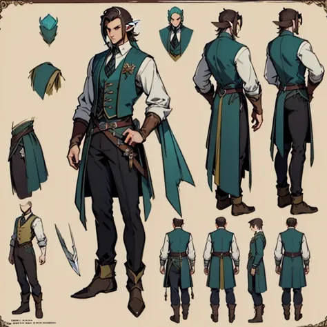 ((character concept art)), ((Character design sheet, same character, front, side)) Video game character design, Rolois, half-elf, Arrogant, Dark hair, waistcoat, long sleeves, pale skin, sword