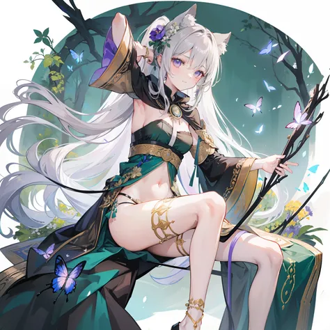 (Extremely delicate and beautiful:1.2),1girll, ，Long grey hair，High Ponytail，Metal decoration，anklets，Bracelet，Dark green lined cloak，Brown clothes，Dark green bandeau，Dark Shawl，Lilac eyes，With a round face，ssmile，Surrounded by falling flowers and butterfl...