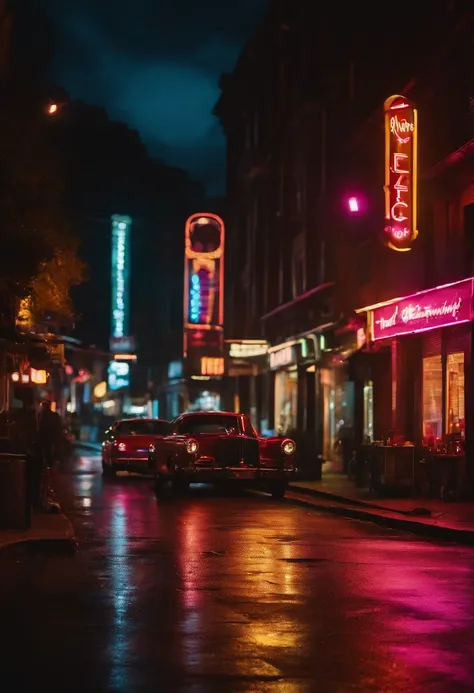 An urban city street at night, with colorful neon signs illuminating the road, creating a vibrant and energetic ambiance