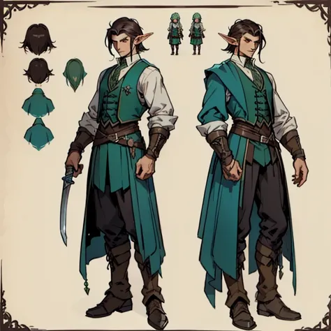 ((character concept art)), ((Character design sheet, same character, front, side)) Video game character design, Rolois, half-elf, Arrogant, Dark hair, waistcoat, long sleeves, pale skin, sword