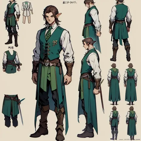 ((character concept art)), ((Character design sheet, same character, front, side)) Video game character design, Rolois, half-elf, Arrogant, Dark hair, waistcoat, long sleeves, pale skin, sword