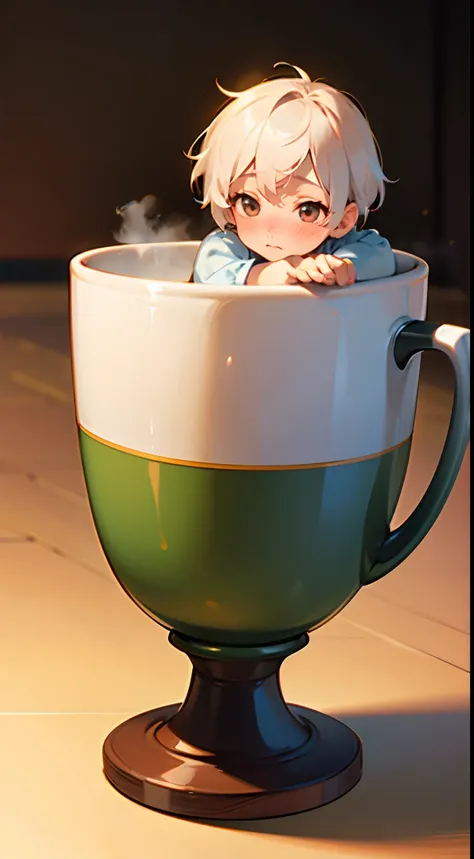 Boy in a mug:1.8, High quality, Ultra-detailed CG, 8K Wallpapers, Highly detailed, Realistic background, full body focus:1.8, Blushing slightly, No one around:1.8, The white short hair is beautiful.、My hair is a bit of a habit:1.8