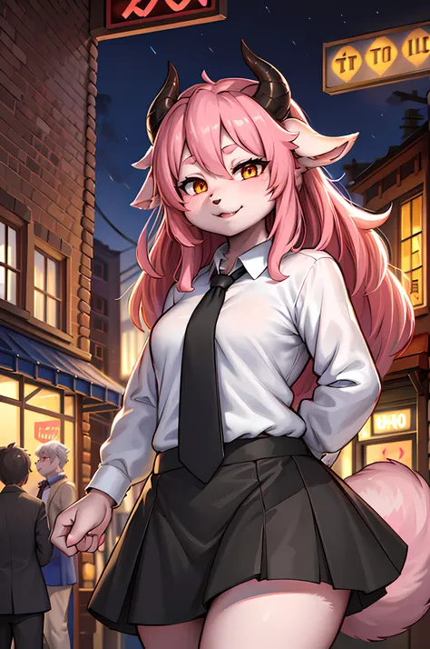 furry,dog girl, long pink hair, red horns, white collared shirt, black necktie, light smile, yellow eyes, cornea_power,, buildin...