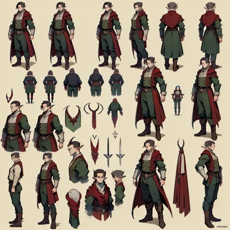 ((character concept art)), ((Character design sheet, same character, front, side)) Video game character design, Rolois, half-elf, Arrogant, Dark hair, dark red waistcoat, long sleeves, pale skin, sword, rogue,