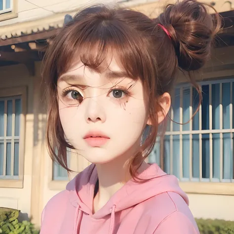 A realistic brown haired girl, realistic side tied hair, realistic red hair tie, exact same hairstyle, realistic brown eyes, realistic Korean beautiful face, Realistic cool expressions, realistic pink jacket, realistic light, realistic shadows, realistic b...