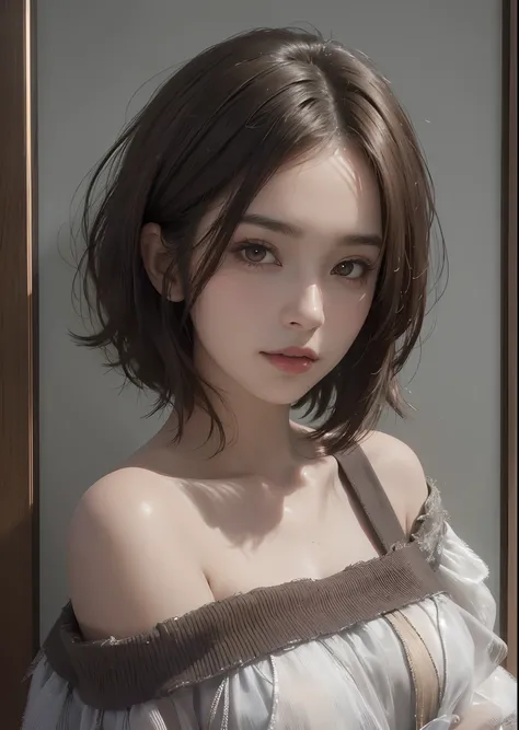 Best Quality, masutepiece, 超A high resolution, (Photorealistic:1.5), Raw photo, 1 mature girl, off shoulders, In the Dark, deepshadow, lowkey, cold light, Sexy look, Brown hair, Brown eyes,realskin,Dimples,ssmile,((Bob Hair Wolf Cut)),disheveled hair