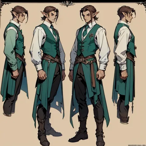 ((character concept art)), ((Character design sheet, same character, front, side)) Video game character design, Rolois, half-elf, Arrogant, Dark hair, waistcoat, long sleeves, pale skin, sword, scar on face