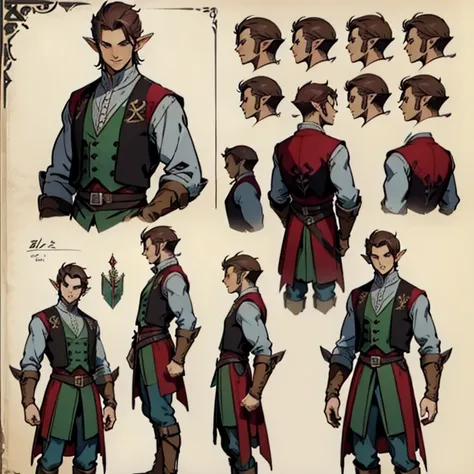 ((character concept art)), ((Character design sheet, same character, front, side)) Video game character design, Rolois, half-elf, Arrogant, Dark hair, waistcoat, long sleeves, pale skin, sword, scar on face