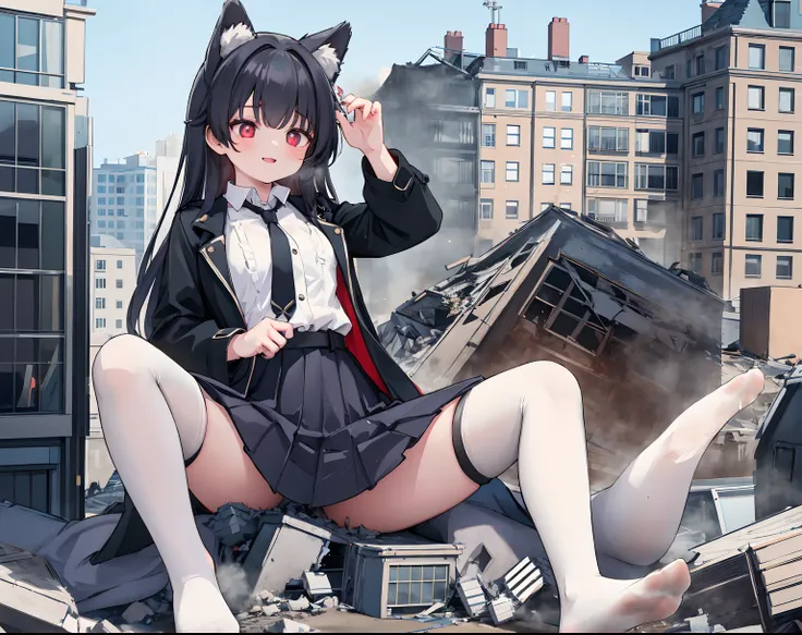 1girll, 16 yaers old, full bodyesbian, Bigger than the building,No shoes，{Black stockings}，Black jacket with white shirt ，Blue tie，Dark gray hair，Wolf ears，Light red eyes，A cold expression， Destroyed buildings, Sit on a destroyed building，The one who was t...