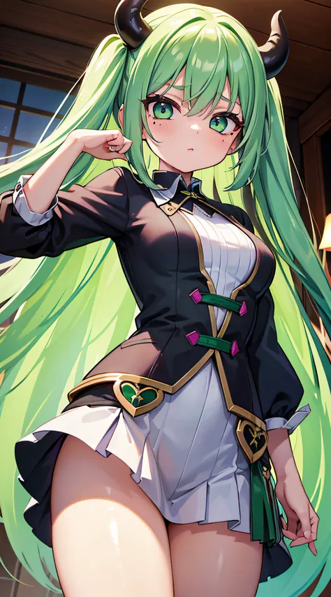 1girl, with long green and pink hair with two strands, and green wide eyes long eyelashes, two moles under her eyes, wears mitsuri s demon slayer clothes, high res, ultrasharp, 8K, masterpiece, looking at viewer