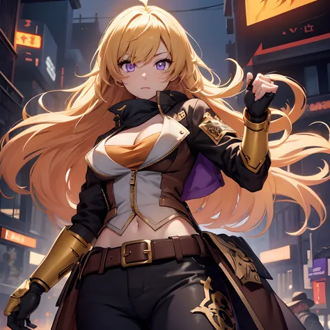 yang xiaolong, yang xiaolong, long hair, blonde hair, (purple eyes:1.1), ahoge, bangs,breaking cleavage, jacket, belt bag, mecha...