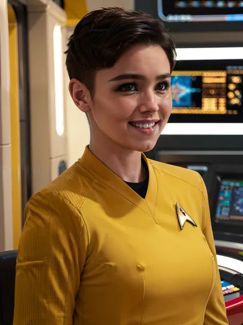 a young latino woman with very short hair in yellow stsnwunf uniform smiling,starship bridge,RAW Photo, 8k uhd, dslr, soft lighting, high quality, film grain, higly detailed face,ultra detailed,masterpiece quality,Fujifilm XT3