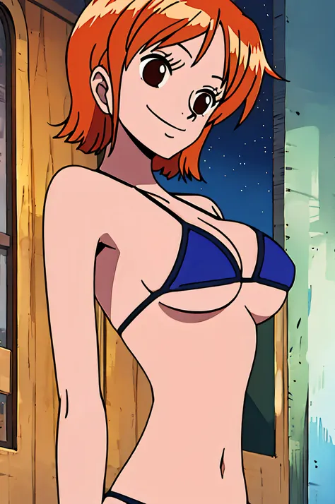 nami, 1girl, solo, breasts, smile, short_hair, large_breasts, brown_eyes, medium_breasts, closed_mouth, swimsuit, upper_body, bi...