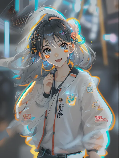 A handsome Chinese girl,  motion blur, holographic visual lights, stickers figures, 32K anime style, Japanese anime style