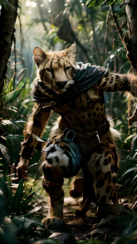 (best quality,highres,masterpiece:1.2),ultra-detailed,realistic,tabaxi ranger,1male cheetah humanoid,ferocious, agile, tracker, jungle expert, green-eyed cheetah, vibrant fur, muscular build, keen senses, long tail, piercing gaze, sharp claws, graceful mov...