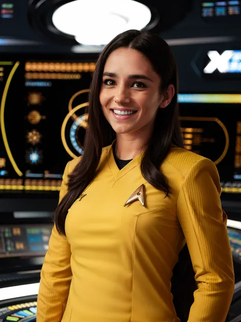 a young latino woman with very long hair in yellow stsnwunf uniform smiling,starship bridge,RAW Photo, 8k uhd, dslr, soft lighting, high quality, film grain, higly detailed face,ultra detailed,masterpiece quality,Fujifilm XT3