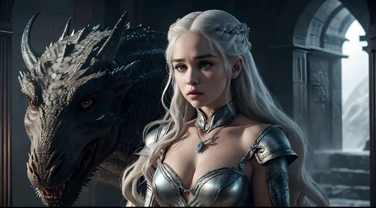 (sexual,charismatic,strong emotions:1.1,eye-catching,dominant:1.1)Sexy,Daenerys,Game of Thrones,Daenerys Targaryen,fierce eyes,long silver hair,breathtaking seductive beauty,commanding presence:1.1,small clothing,revealing outfit,epic necklaces,exquisite d...