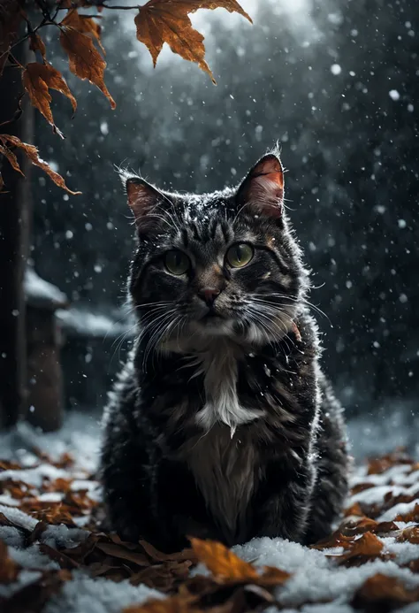 cat, first snow, flakes, partial snow cover, cinematic film still, breathtaking, falling leaves, melancholic mood, papery textur...