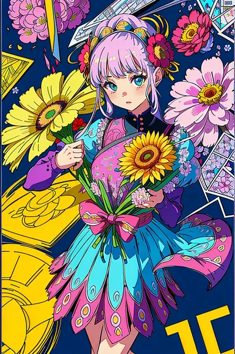 (ultra-detailed background, detailed background), absurdres, highres, ultra detailed, extremly detailed, 1girl, (bunch of flowers:1.3), (zentangle:1.2), (geometric:1.2),(colorful),