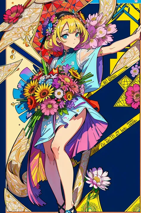 (ultra-detailed background, detailed background), absurdres, highres, ultra detailed, extremly detailed, 1girl, (bunch of flowers:1.3), (zentangle:1.2), (geometric:1.2),(colorful),