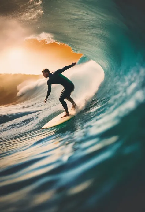 A surfer riding a wave, captured from behind, showcasing the vibrant colors and the curve of the surfboard as it glides effortlessly on the water.