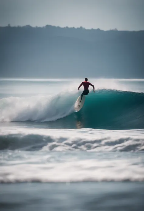 A surfer riding a wave, captured from behind, showcasing the vibrant colors and the curve of the surfboard as it glides effortlessly on the water.