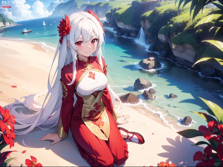 1 cute girl , red Ao Dai, character focus, close to viewer, full body, cinematic angle, (from above:0.8), smile, background coconut palm ,((masterpiece)), ((best quality)), ((ultra-detailed)), (illustration), ((an extremely delicate and beautiful))