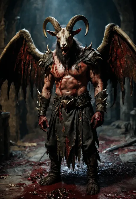 a goat-headed demon with large horns, strong and strong upper body, demon skins, skins, ((claws, wings)), demonic armor, blood s...