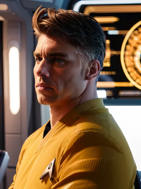 anson mount in yellow stsnwunf uniform, starship bridge,raw photo, 8k uhd, dslr, soft lighting, high quality, film grain, higly ...