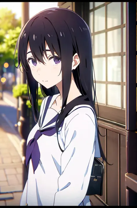 koe no katachi, 1girl, long hair, black hair, 1boy, school uniform, purple eyes, shirt, blurry, serafuku, sailor collar, letterboxed, outdoors, white shirt, closed mouth, kitauji high school uniform, looking at another, depth of field, bangs, day, collarbo...