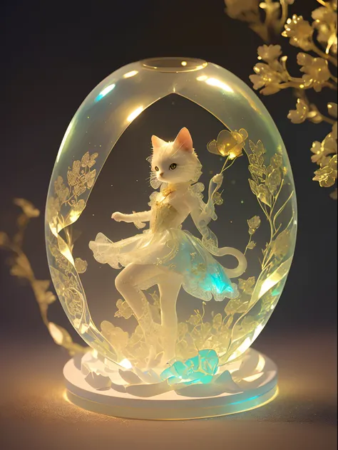 extremely delicate iridescent cat made of glass, translucent, tiny golden details, beautifully and intricately detailed, ethereal glow, whimsical, Mschiffer art, best quality, glass art, magical holographic glow