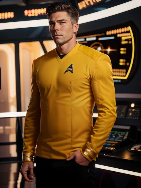 Anson Mount in yellow stsnwunf uniform, starship bridge,RAW Photo, 8k uhd, dslr, soft lighting, high quality, film grain, higly detailed face,ultra detailed,masterpiece quality, Sony A6400