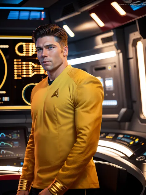 Anson Mount in yellow stsnwunf uniform, starship bridge,RAW Photo, 8k uhd, dslr, soft lighting, high quality, film grain, higly detailed face,ultra detailed,masterpiece quality, Sony A6400