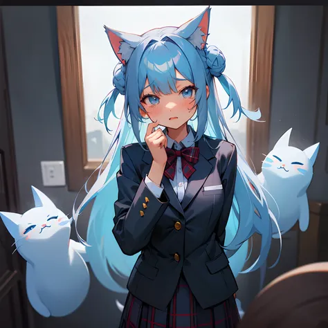 Light blue long-haired。Cats ears。Hairstyle is bun。Being in a haunted house。Scared expression。Im about to cry。Plaid blazer。shirt。Plaid skirt